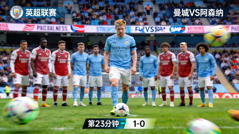曼城对阵阿森纳的英超比赛回放截图，德布劳内主罚任意球